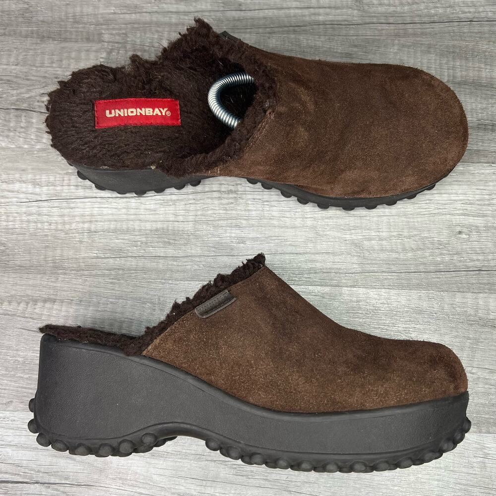 UNION BAY Brown Suede Chucky Platform Mule Shoes Womens 11